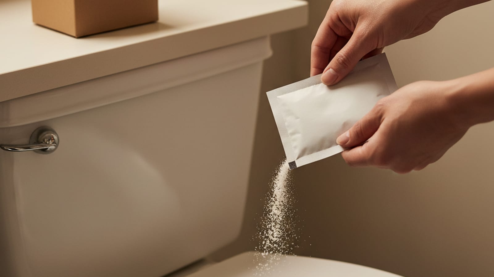Close-up of a homeowner pouring a generic biological septic additive packet into a toilet bowl with package on the counter behind