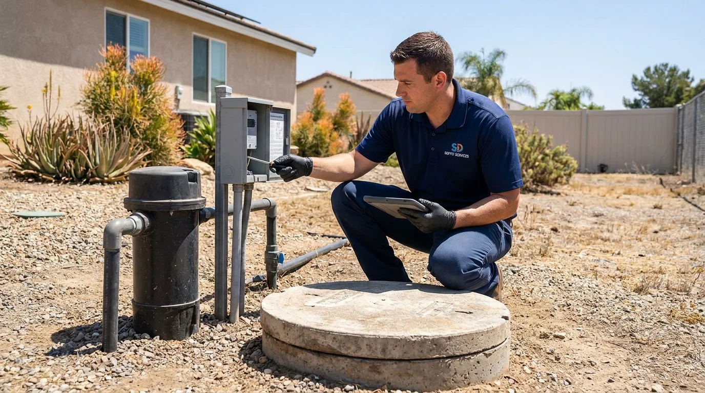 Aerobic treatment unit control panel and aerator beside a septic access lid in a San Diego County yard