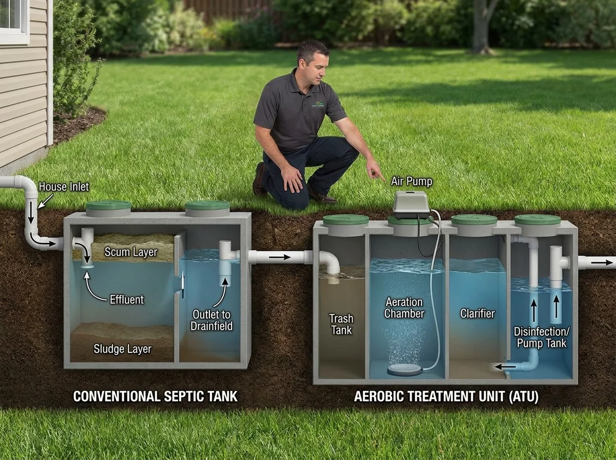 A labeled diagram comparing an anaerobic conventional septic tank next to an aer