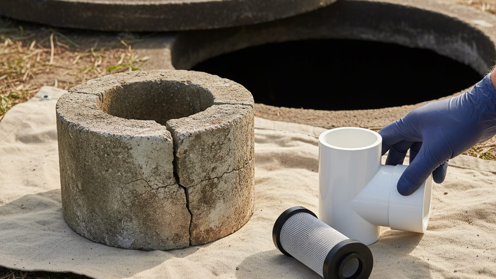Close-up of an old broken concrete baffle next to a new white PVC sanitary tee about to be installed in a residential septic tank