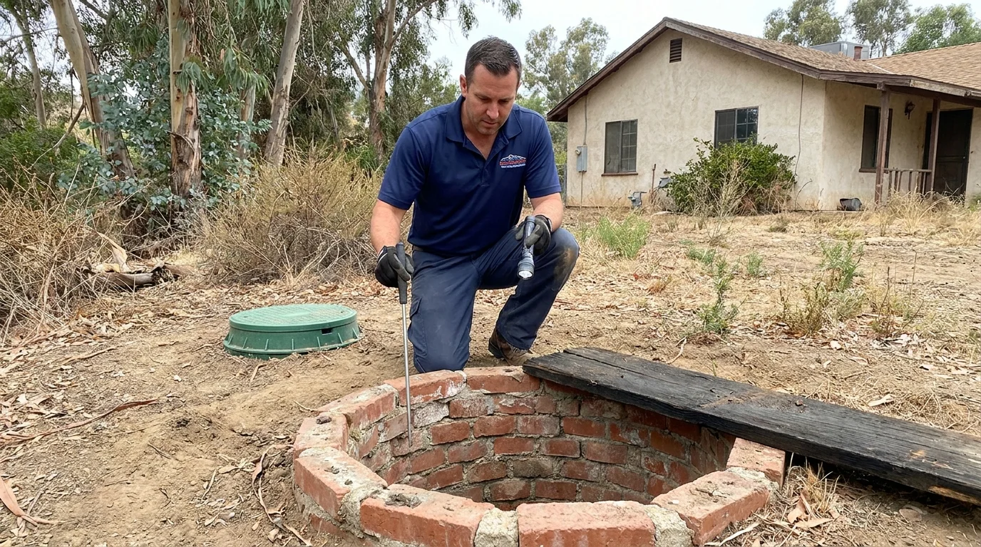 A technician in a branded uniform inspecting an old brick-lined cesspool opening on a San Diego County property