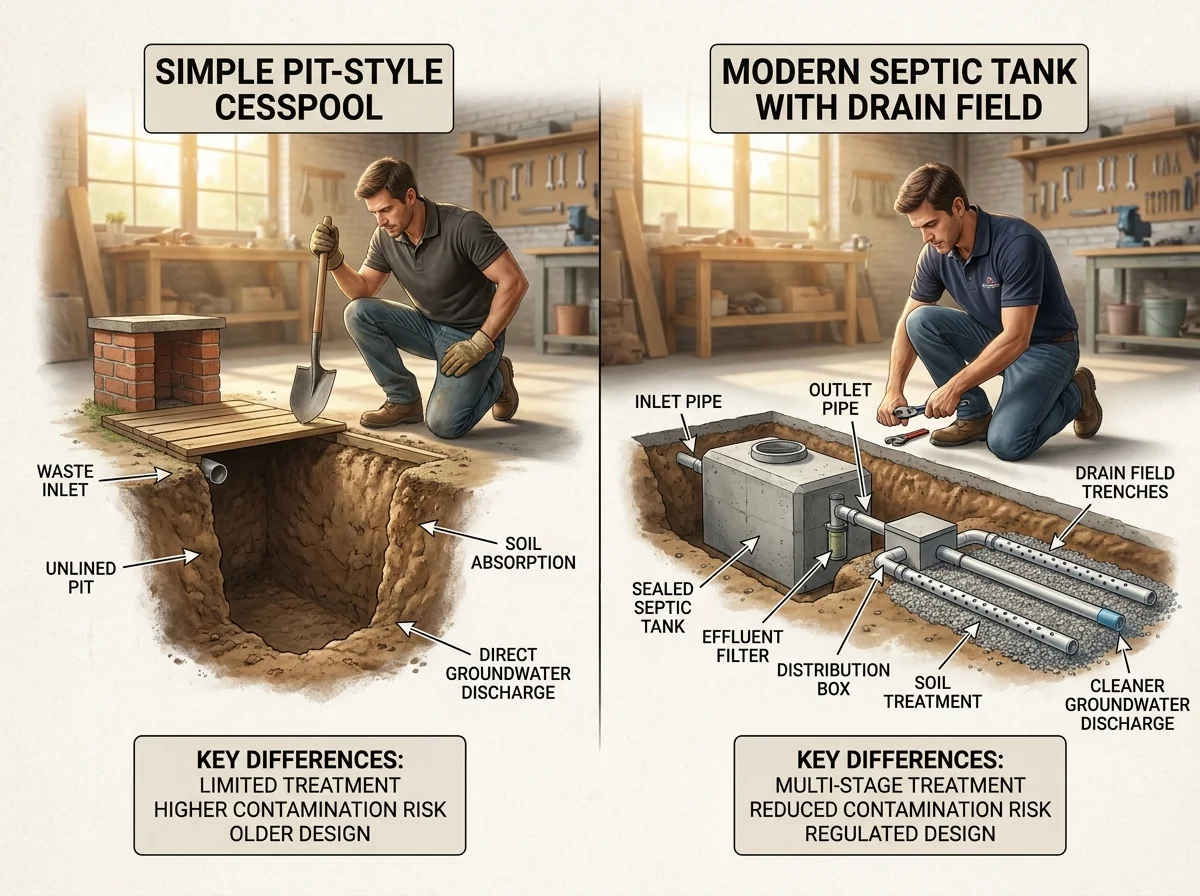 A side-by-side comparison diagram of a simple pit-style cesspool versus a modern septic tank with a drain field