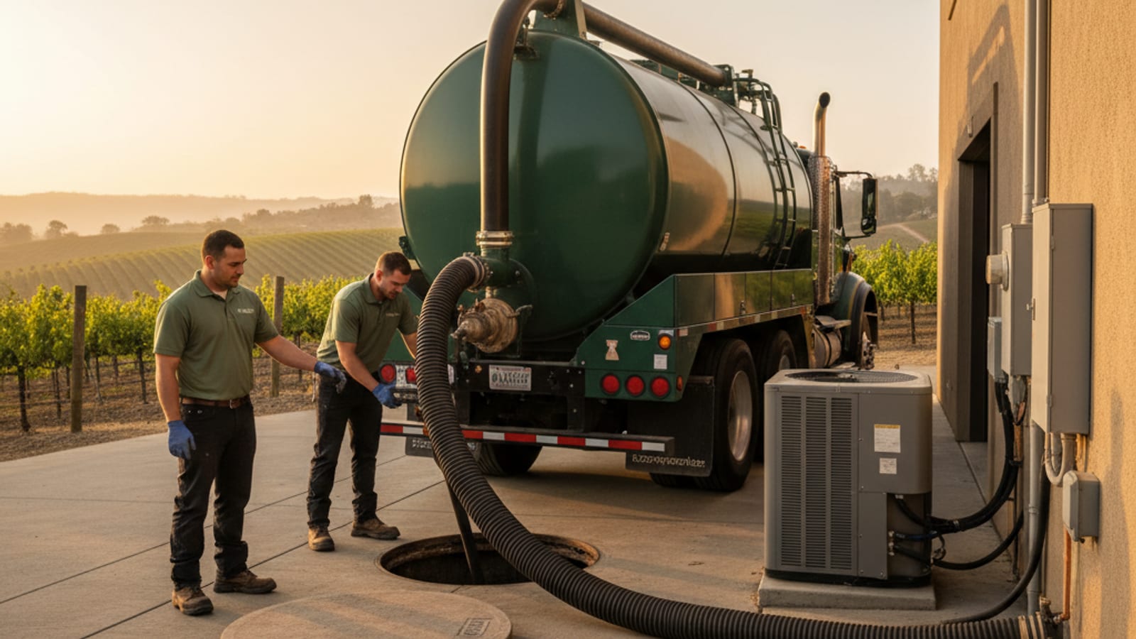 Large commercial vacuum truck pumping a multi-thousand-gallon tank at a San Diego County winery in early morning light