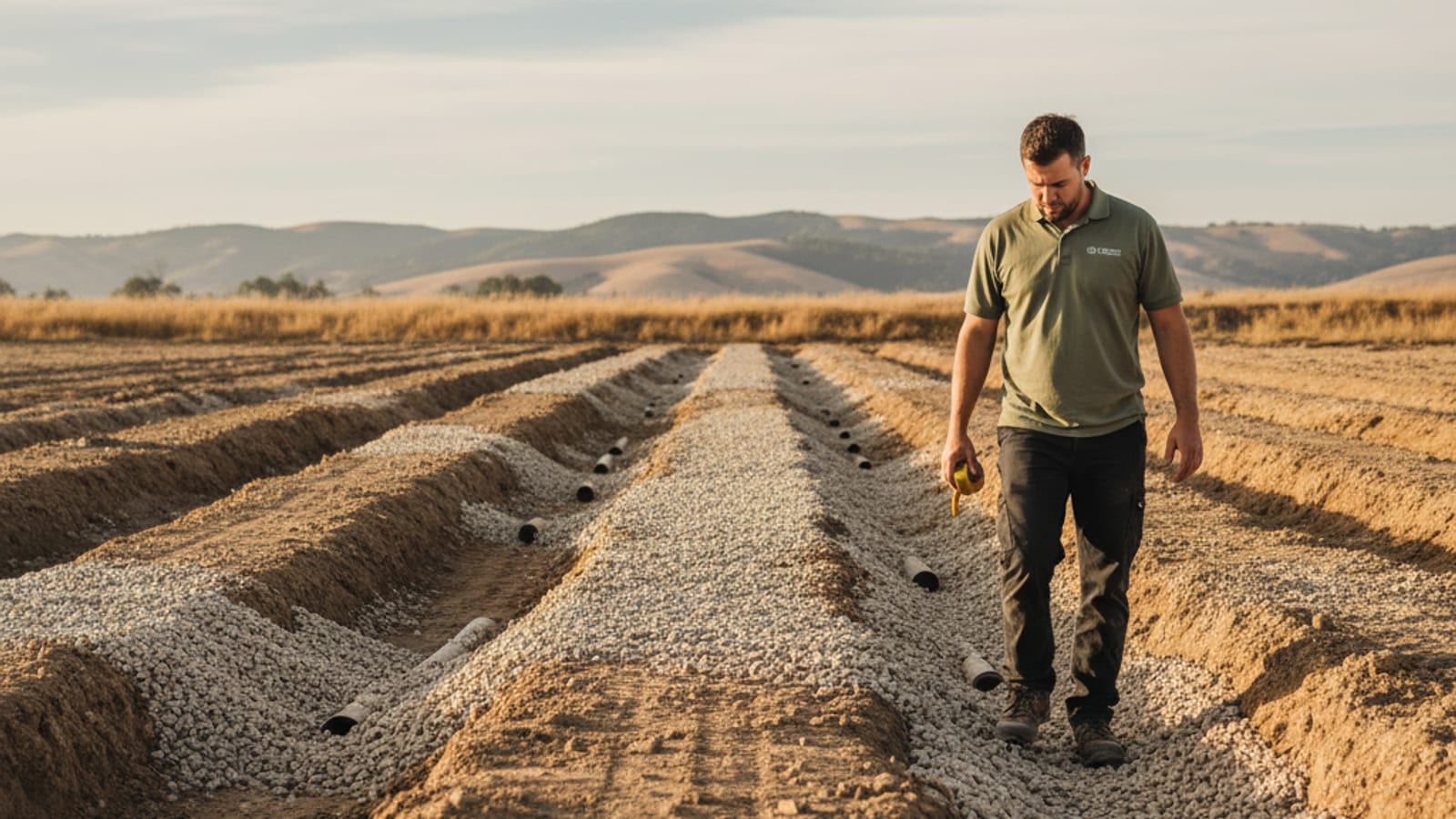 Septic technician walking a freshly installed drain field with parallel gravel trench lines visible at a rural San Diego County property