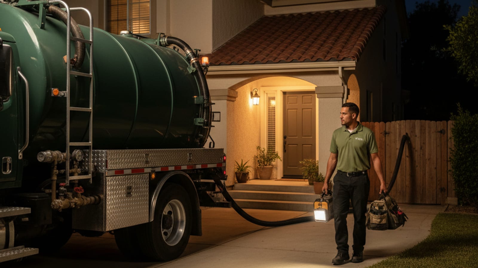 Septic vacuum truck arriving at a residential driveway at night with work lights illuminated and a technician carrying tools toward the house