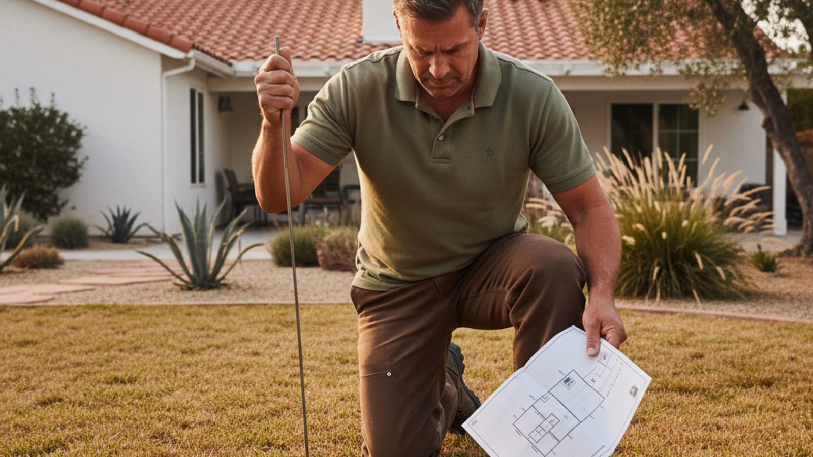 Homeowner using a thin metal probe rod in a backyard searching for a buried septic tank lid in a San Diego County yard
