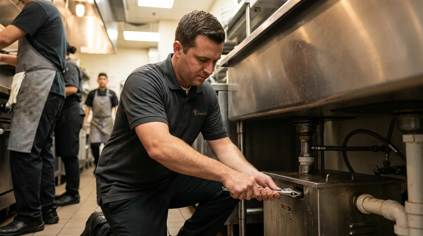 Commercial kitchen technician servicing an under-sink grease trap in a San Diego restaurant