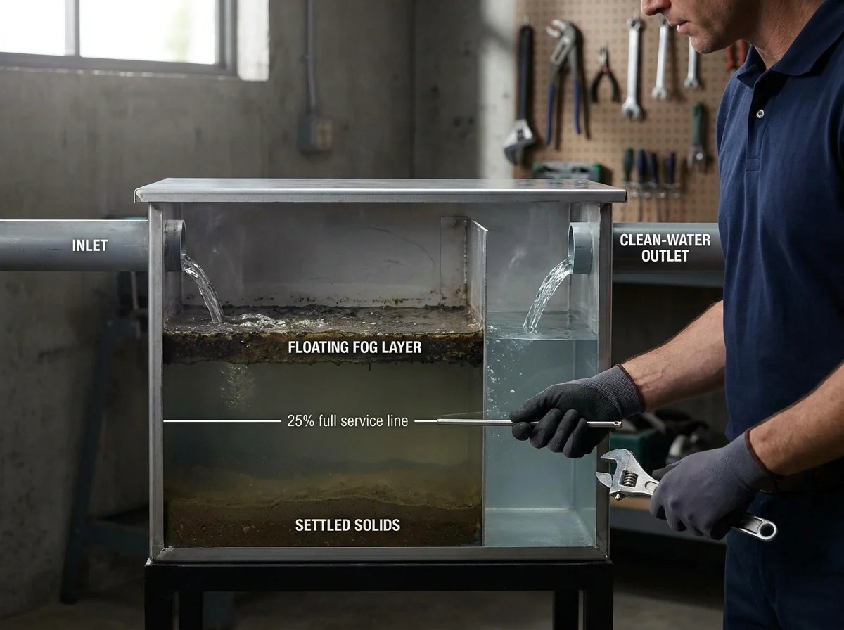 A clear diagram of a grease trap showing the inlet, the floating FOG layer, the 