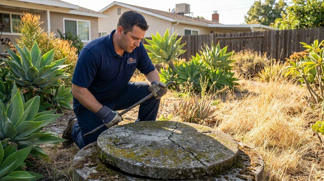 Technician inspecting a concrete septic tank lid in a mature San Diego County backyard
