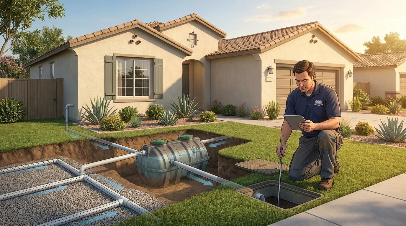Suburban San Diego home with underground septic tank and drain field visible, technician in uniform standing nearby