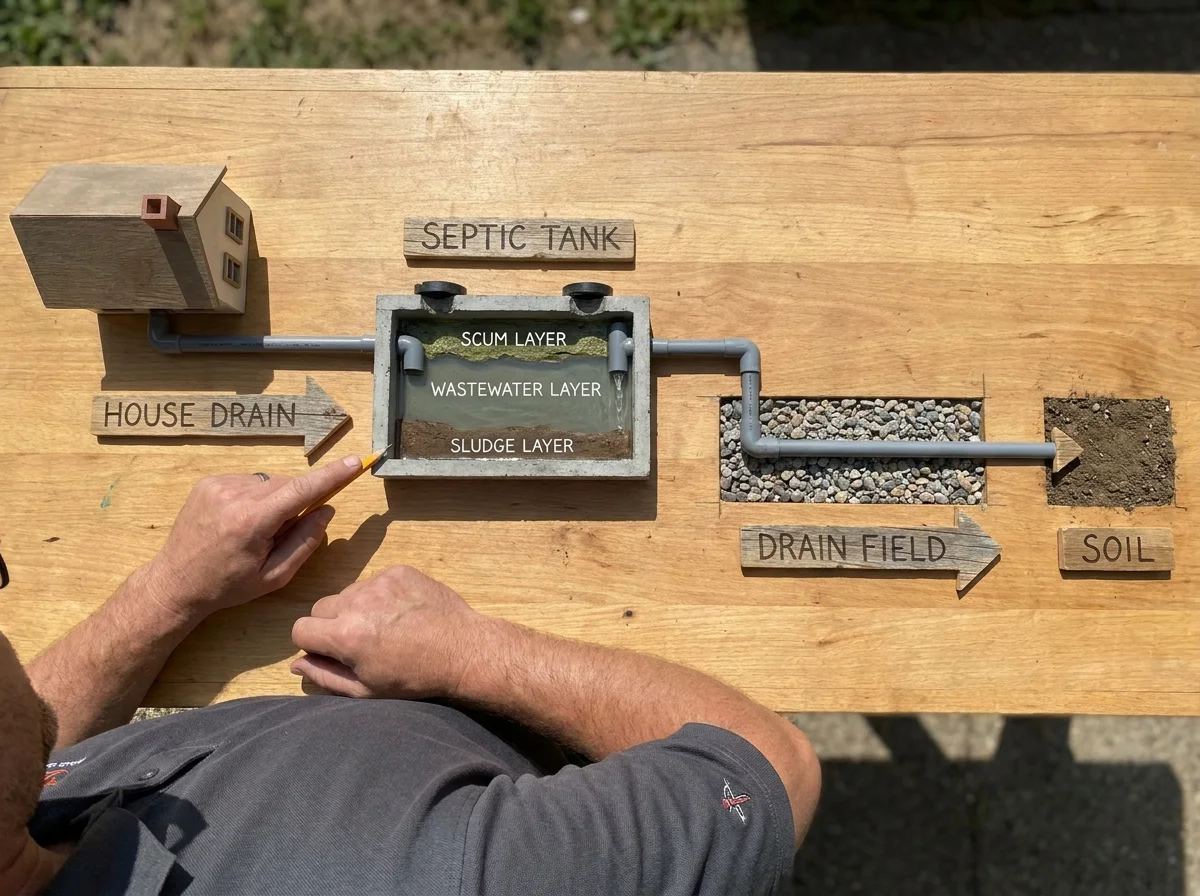 A simple flow diagram of how a septic system works: house drain -> septic tank (