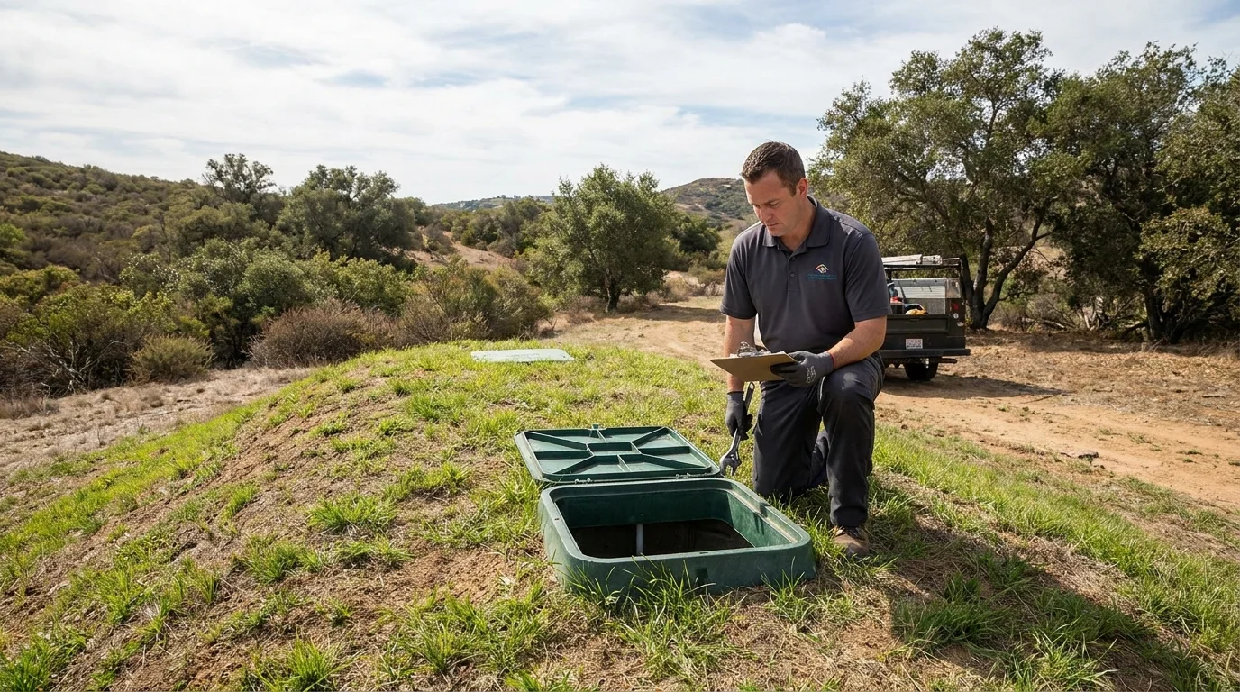A grass-covered septic mound on a rural San Diego County property with a technician checking the pump chamber