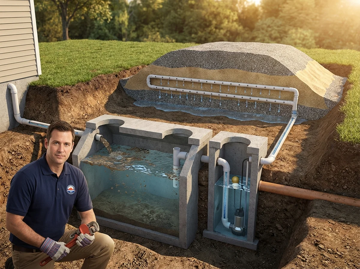 A cross-section diagram of a mound septic system showing the septic tank, dosing
