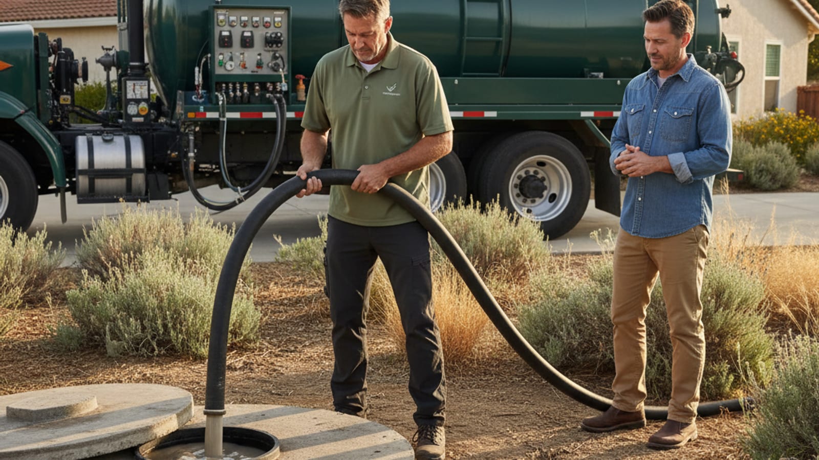 Septic technician pumping a residential tank with a vacuum hose while a homeowner watches in a San Diego County yard