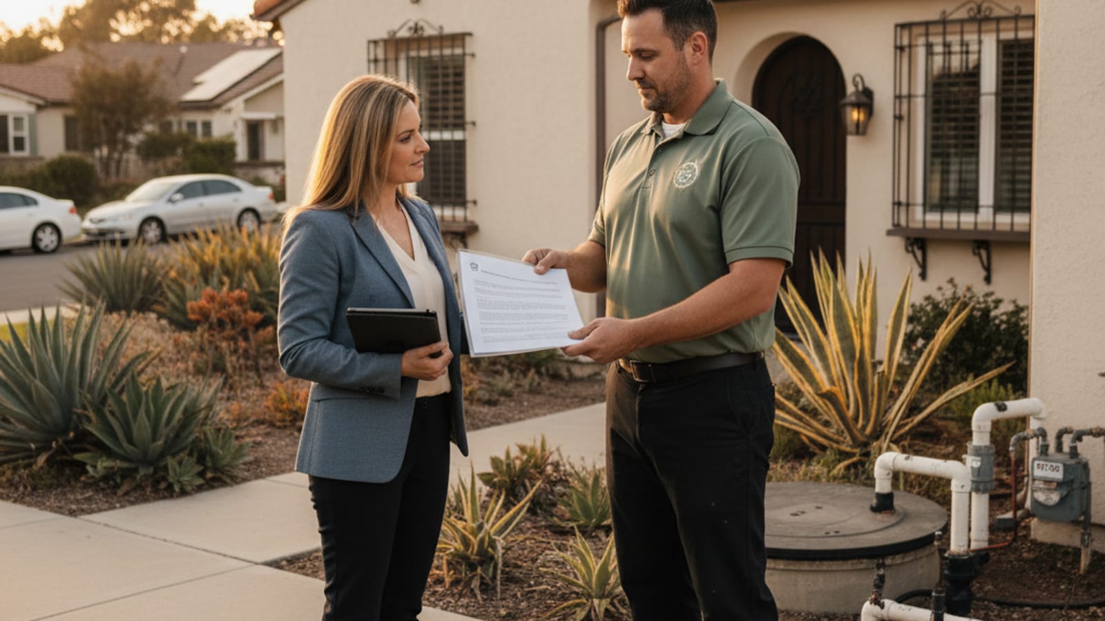 Septic technician handing a written inspection report to a real-estate agent at the front of a San Diego County home