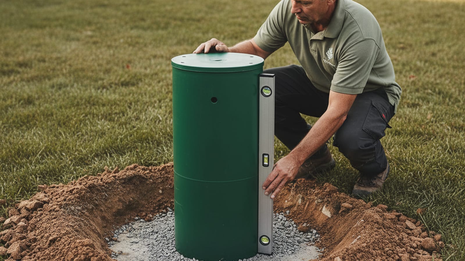 Newly installed green polyethylene septic riser stack visible above a fresh excavation about to be backfilled flush with grade