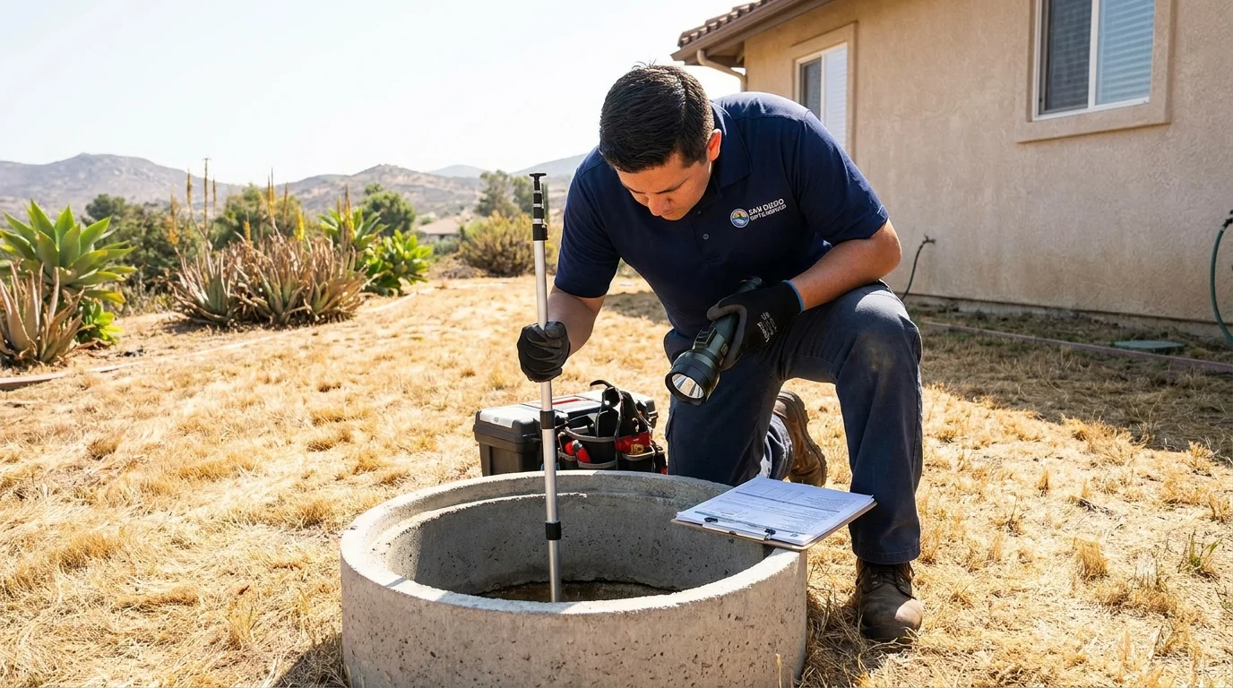 Septic inspector using a flashlight to inspect inside an open septic tank riser at a San Diego County home
