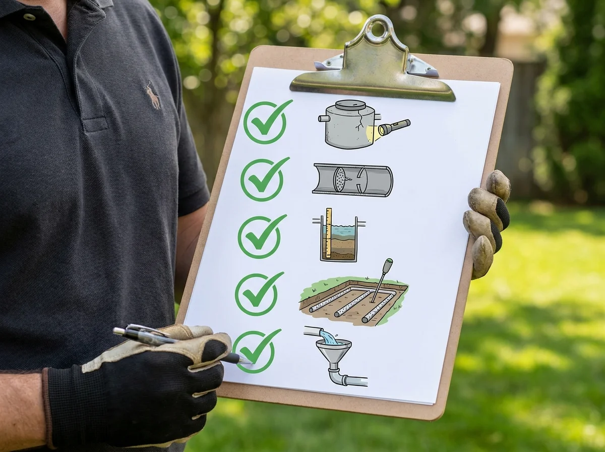A checklist-style graphic showing what a full septic inspection covers (tank int