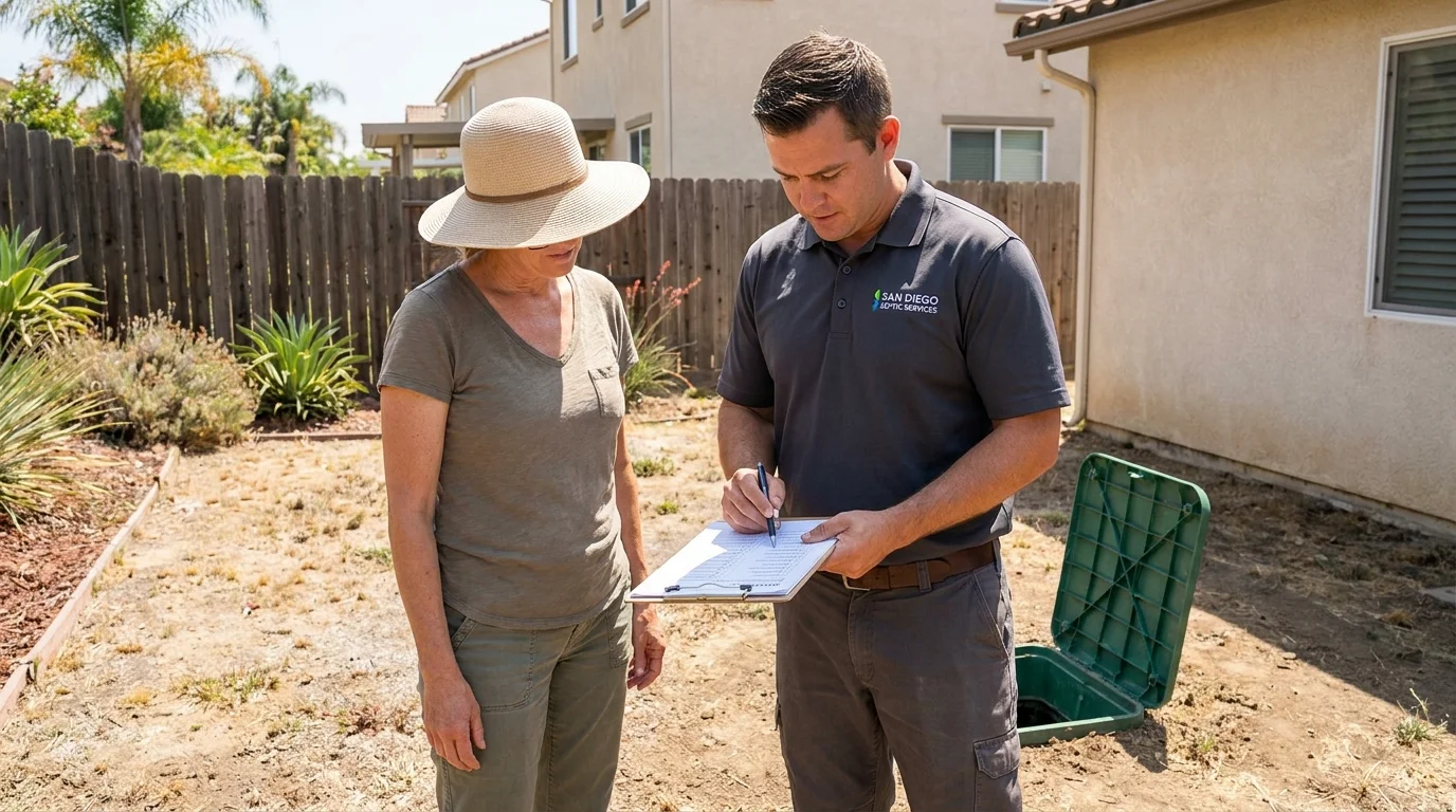 San Diego homeowner and septic technician reviewing a maintenance checklist beside an open septic riser in a sunny backyard