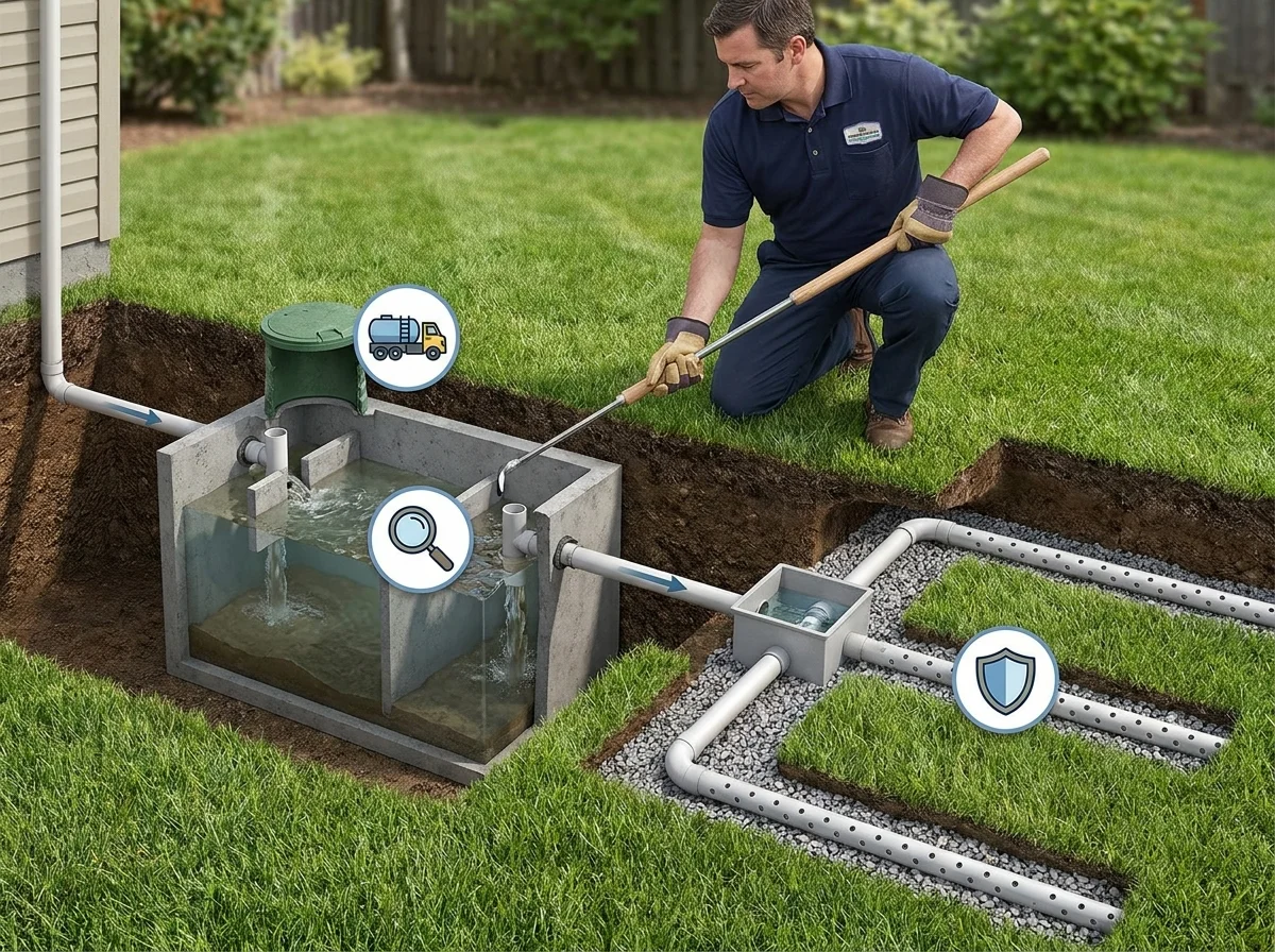 Cross-section diagram of a residential septic system showing tank, baffles, and drain field with routine maintenance points labeled