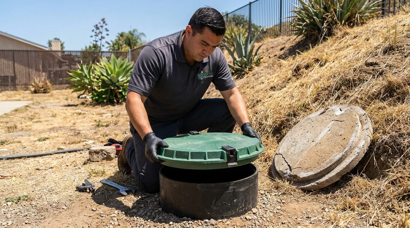 Technician in a branded uniform setting a new plastic septic lid onto a riser in a San Diego yard