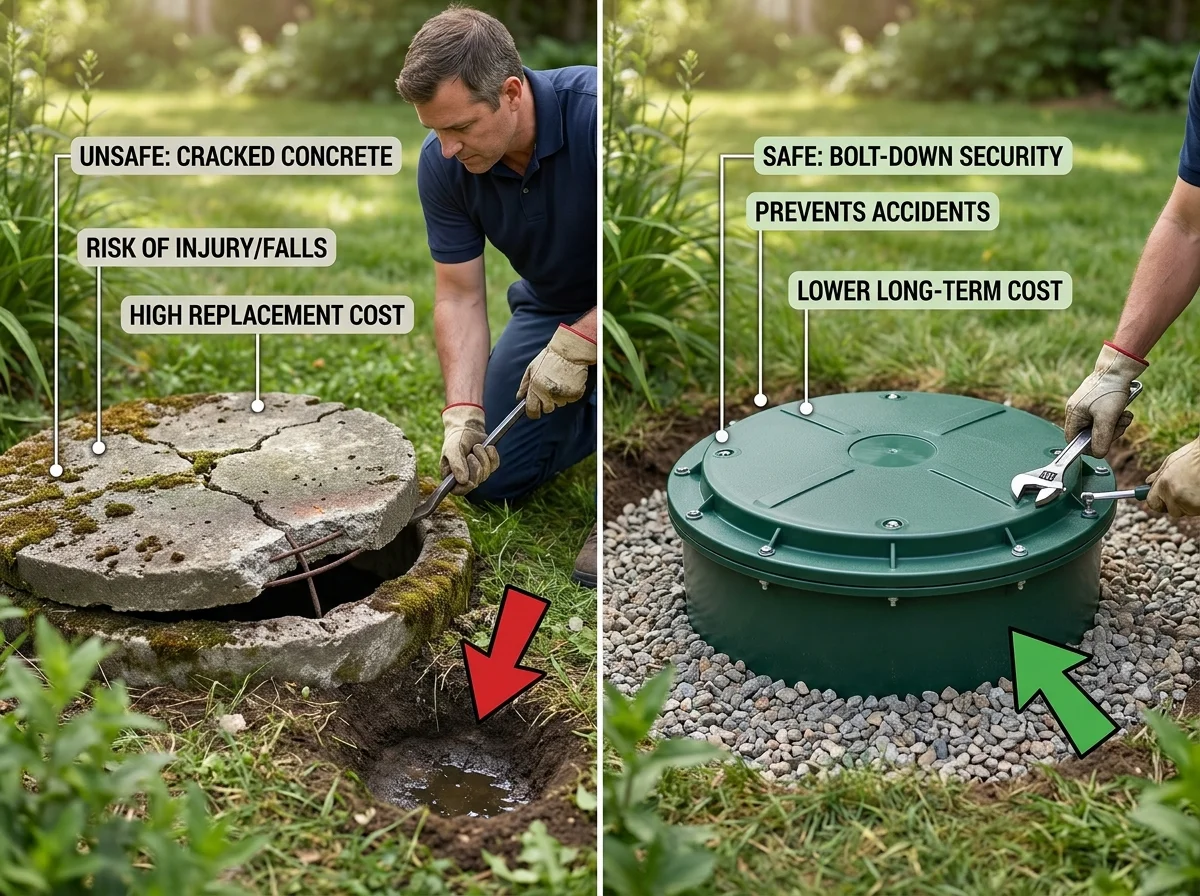 A comparison graphic of a cracked, unsafe old concrete septic lid next to a new bolt-down plastic riser lid