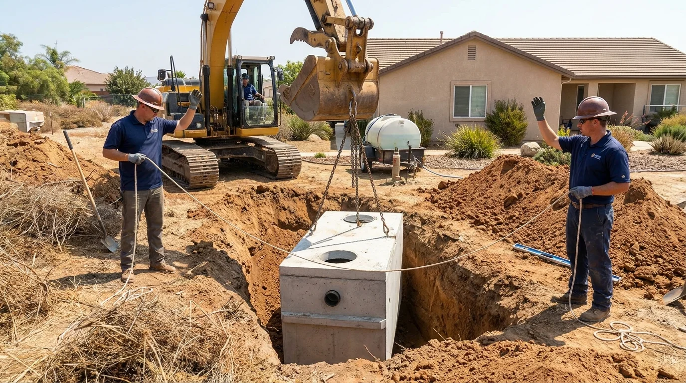 Excavator lowering a new concrete septic tank into a prepared hole in a San Diego yard
