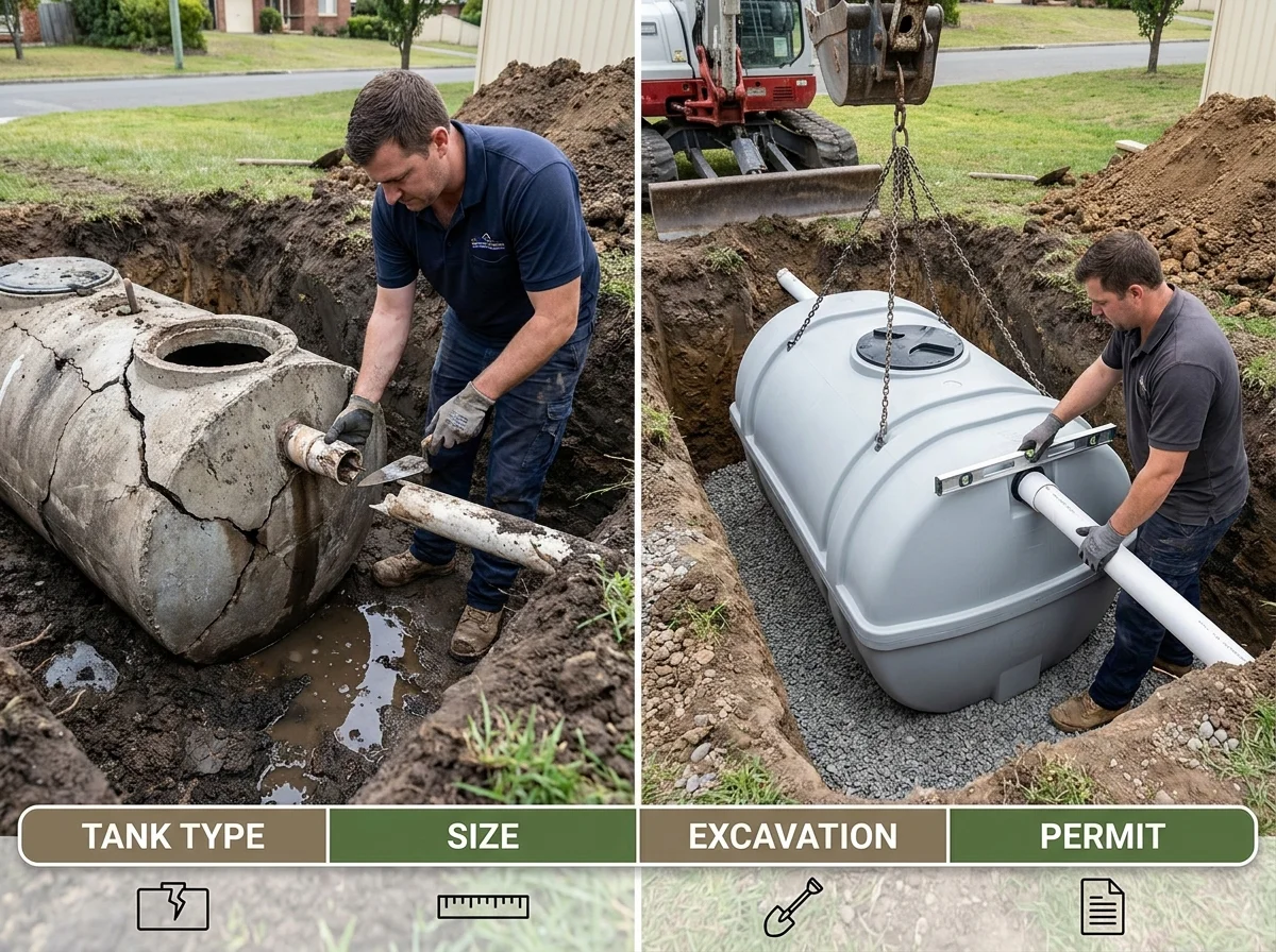 A side-by-side comparison graphic of a cracked, failing old concrete septic tank versus a new tank with labeled cost factors