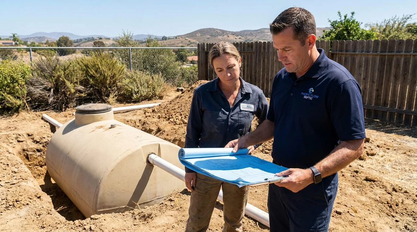 Homeowner and technician reviewing plans beside a new septic tank in a San Diego yard