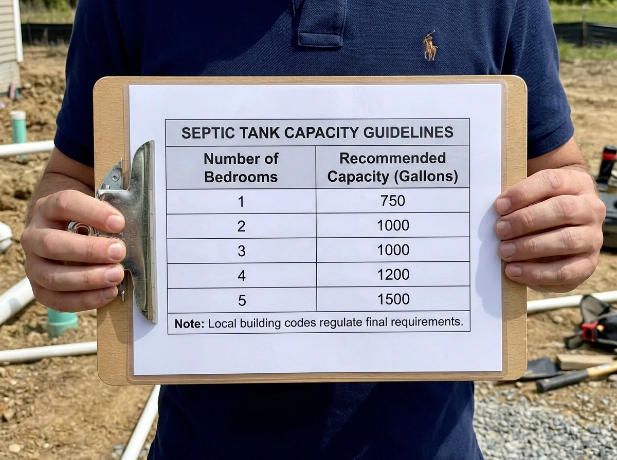 A clean reference table graphic mapping number of bedrooms to recommended septic
