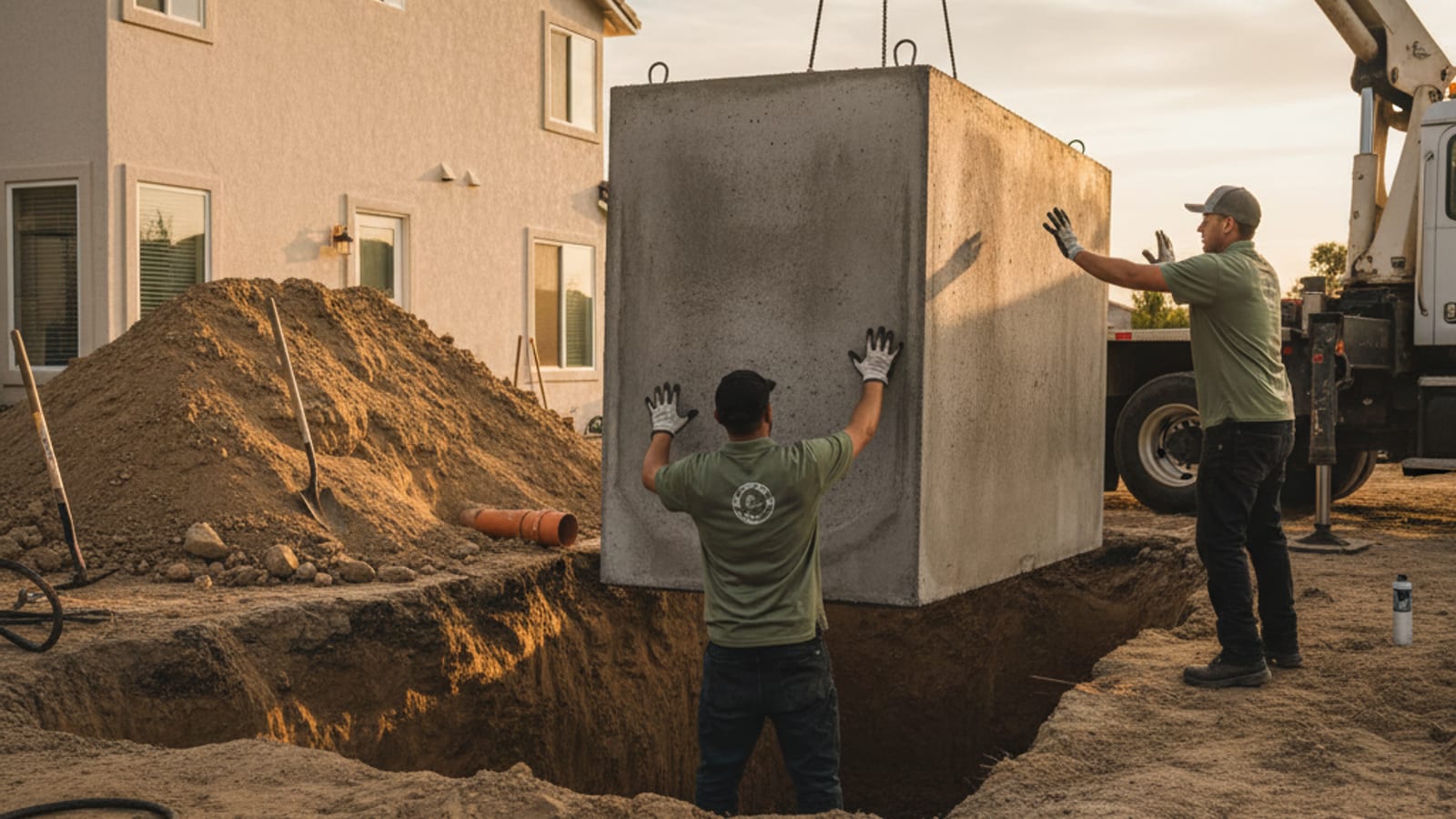 New 1500-gallon concrete septic tank lowered into a fresh excavation by a boom truck at a residential San Diego County property