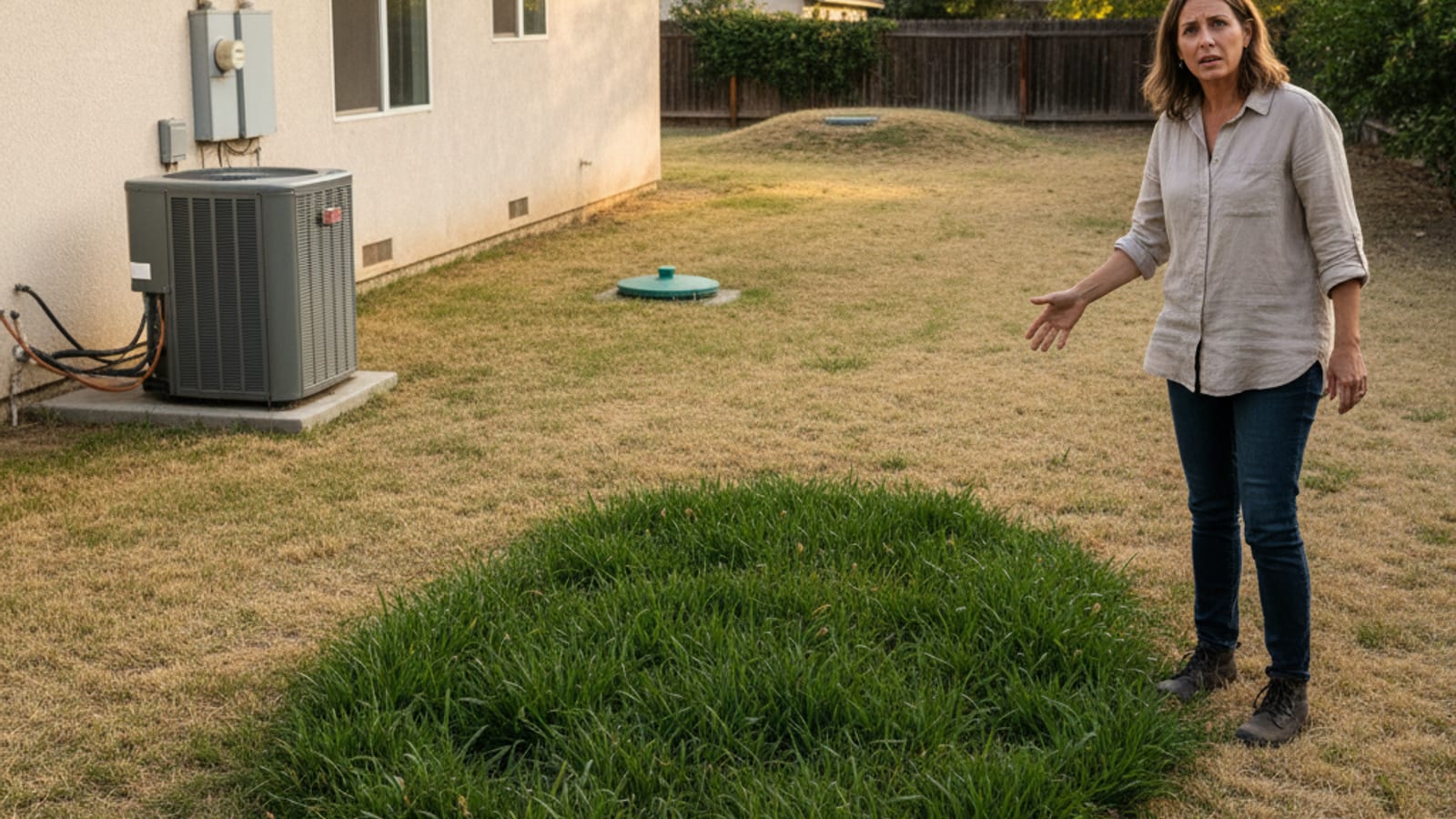Wet patch above a residential drain field in a San Diego County backyard with grass slightly greener than surroundings
