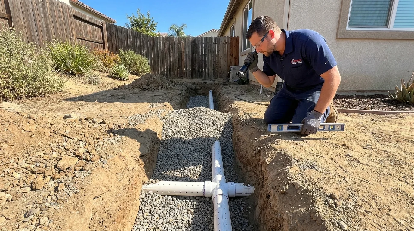 Open trench showing leach field distribution piping in gravel in a San Diego County yard