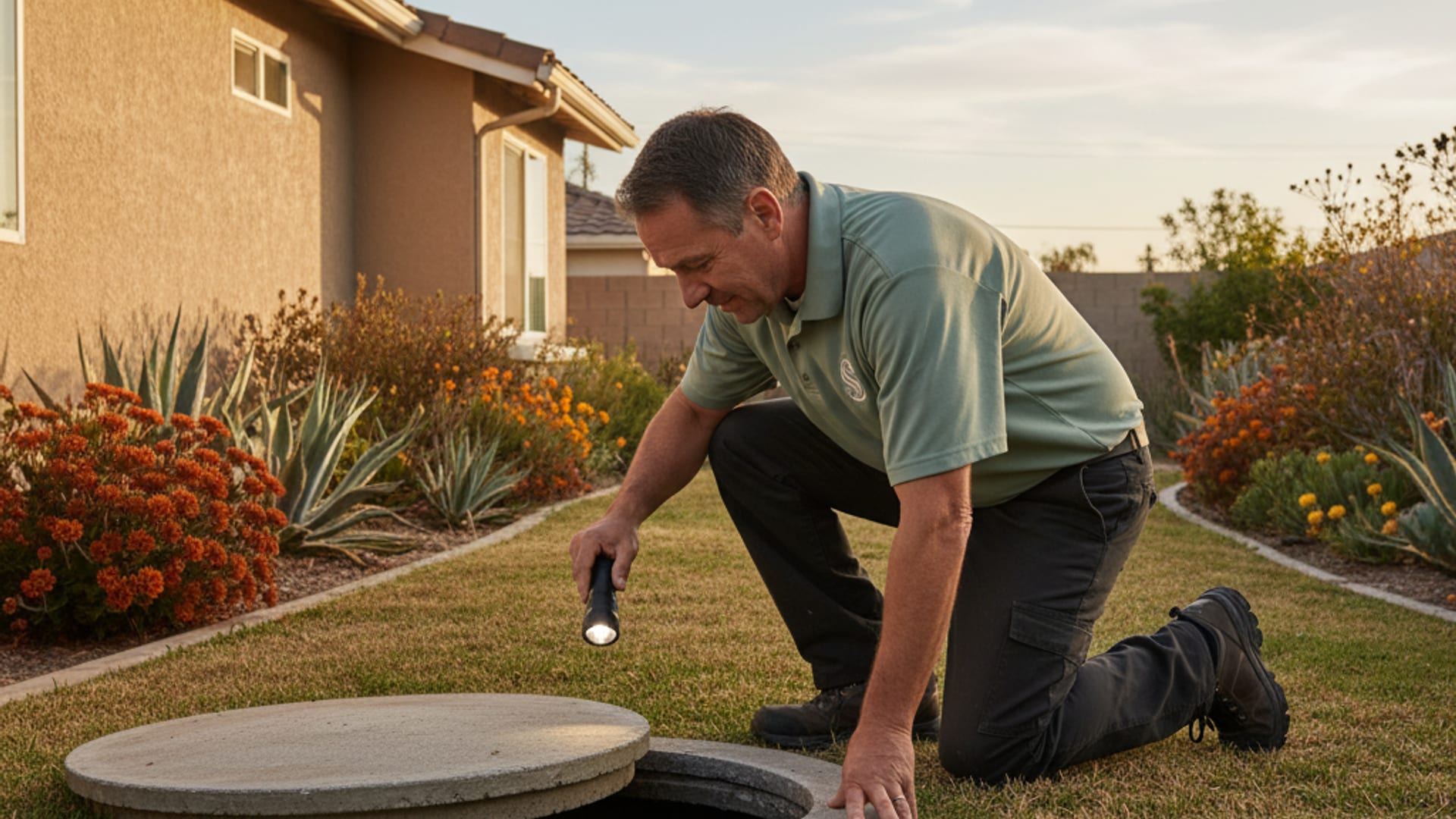 septic technician inspecting an open tank lid with a flashlight at a residential property in San Diego County