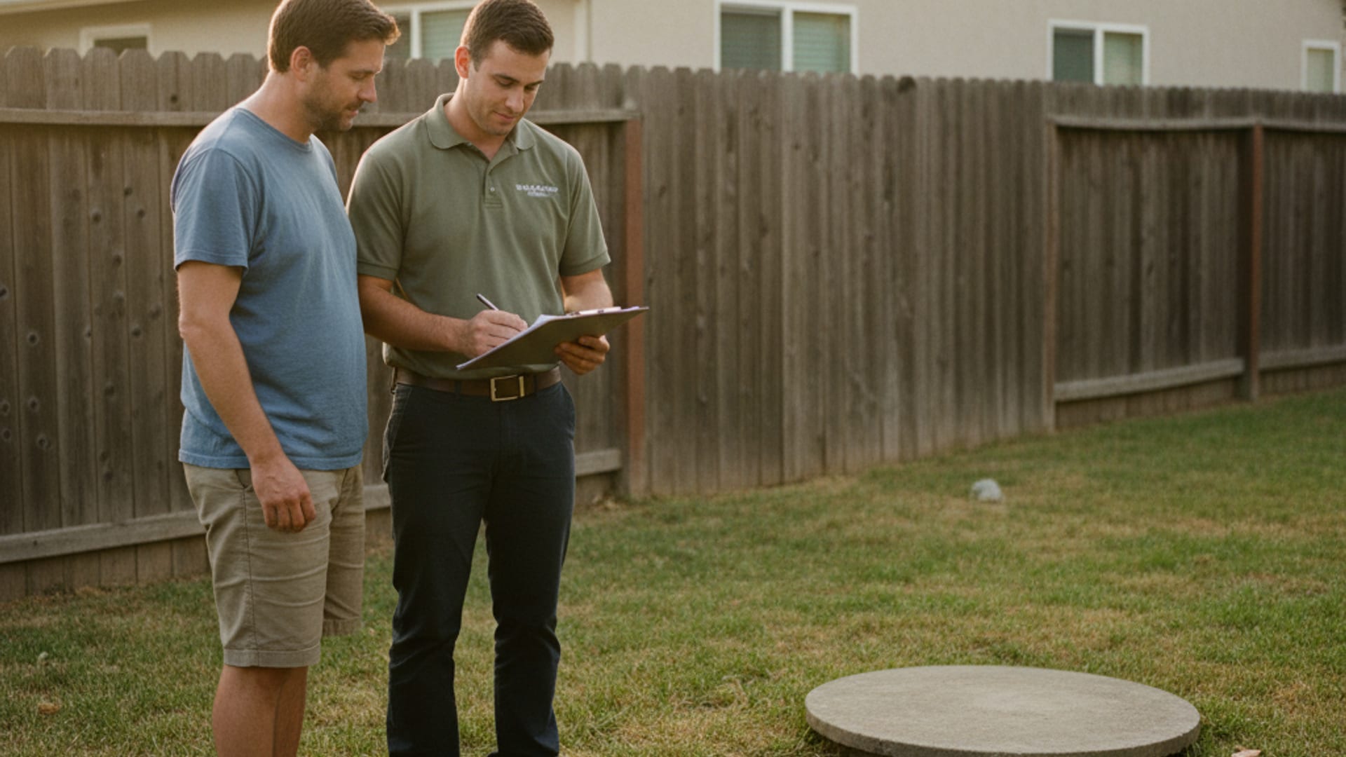 septic technician walking a homeowner through a written tank inspection report at a residential property in San Diego County
