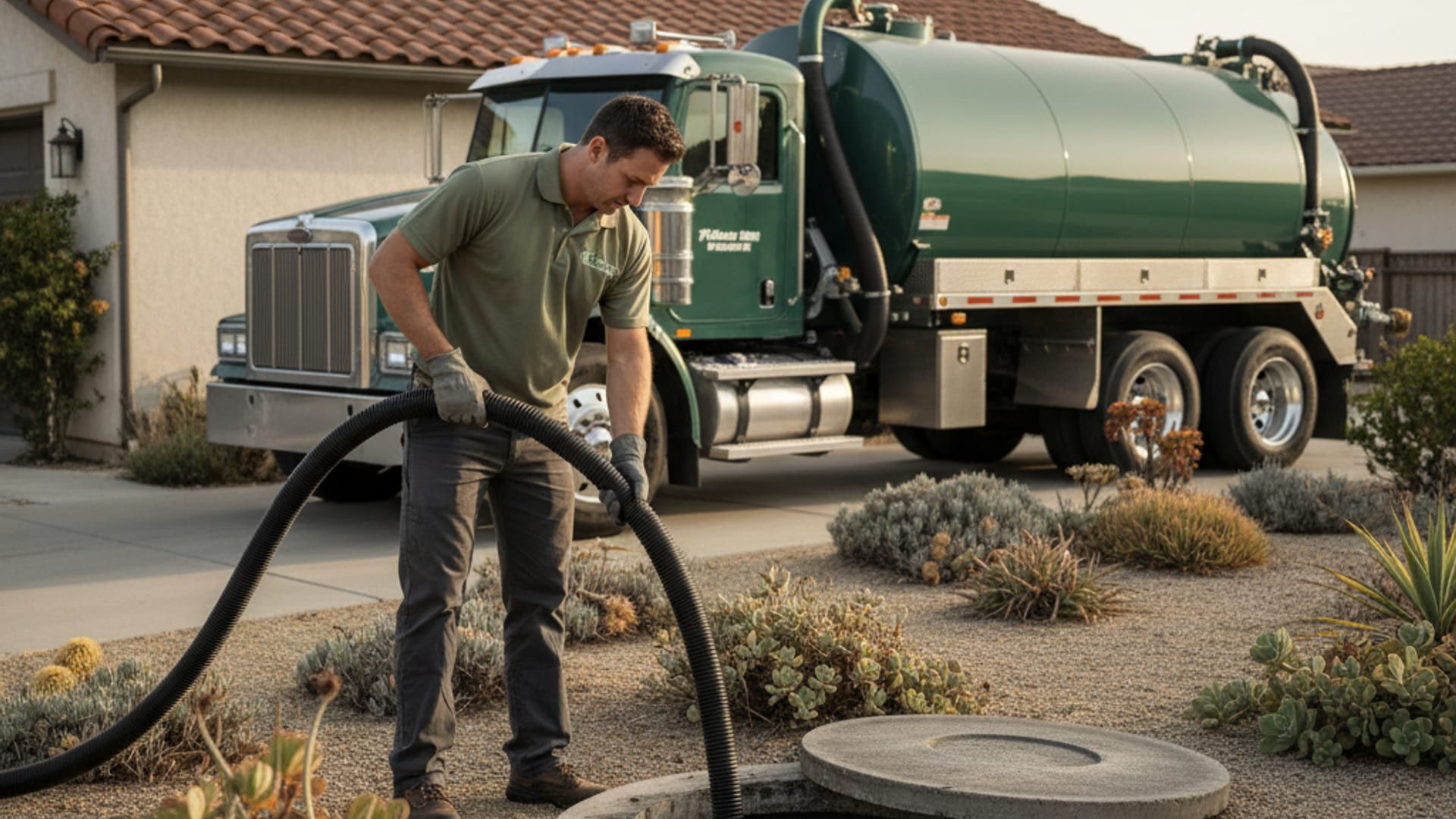 septic technician pumping a residential tank from a vacuum truck at a San Diego County home in warm afternoon light