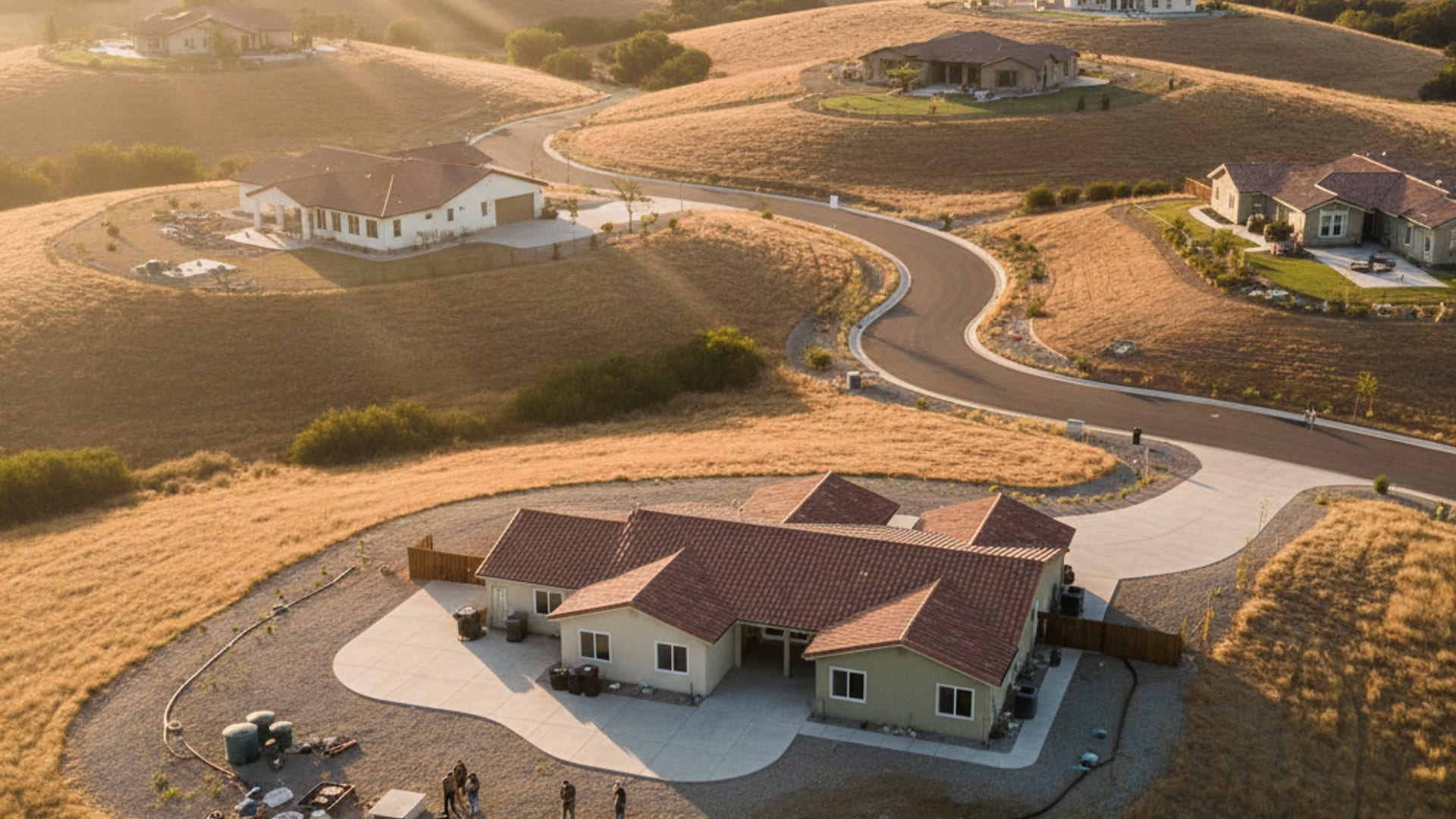 Aerial view of a San Diego County rural residential area with large lots and surrounding hills at golden hour