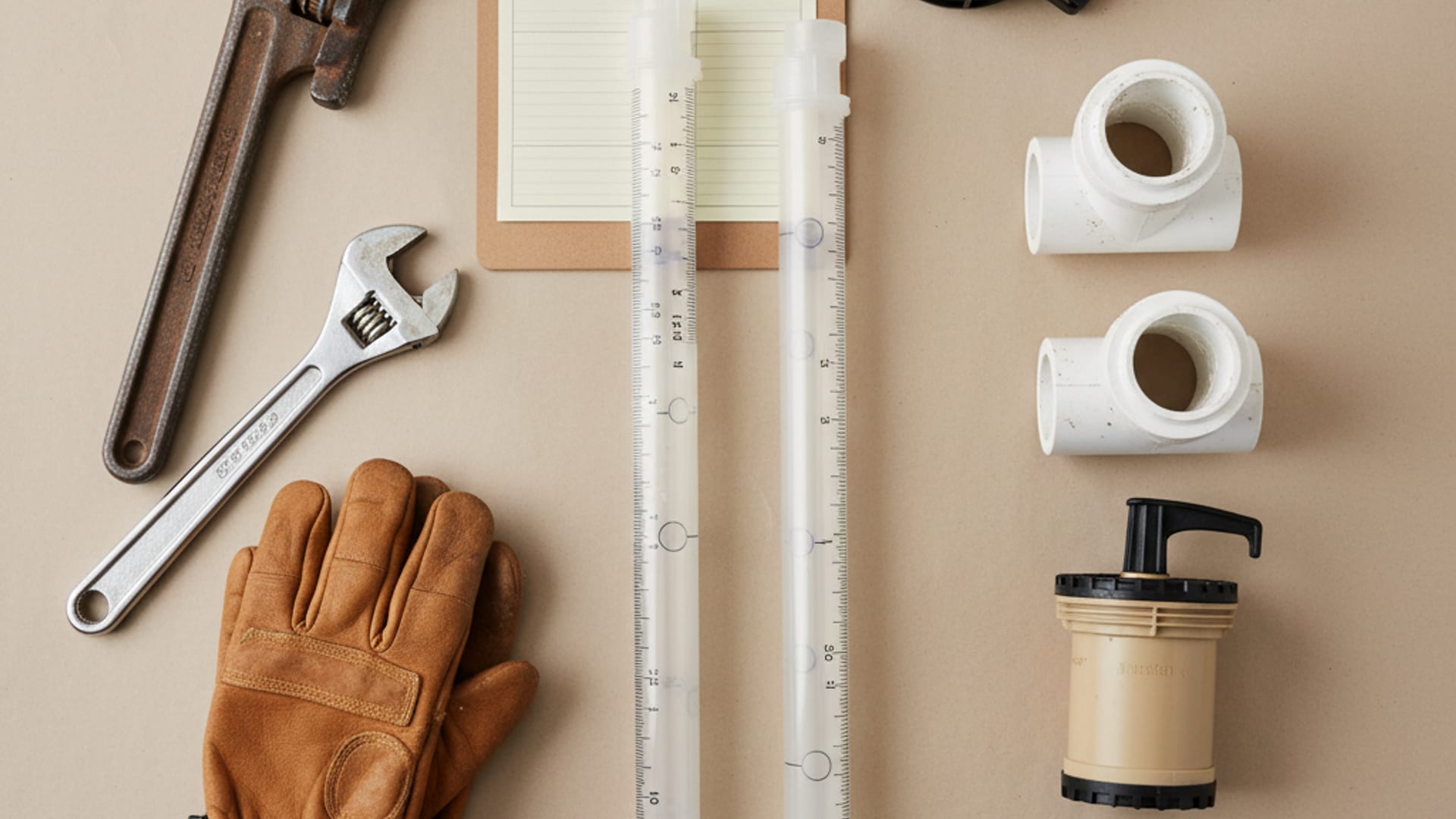 Overhead flat-lay of professional septic service equipment — Sludge Judge, baffle replacement parts, effluent filter cartridges, and inspection camera on a clean work surface