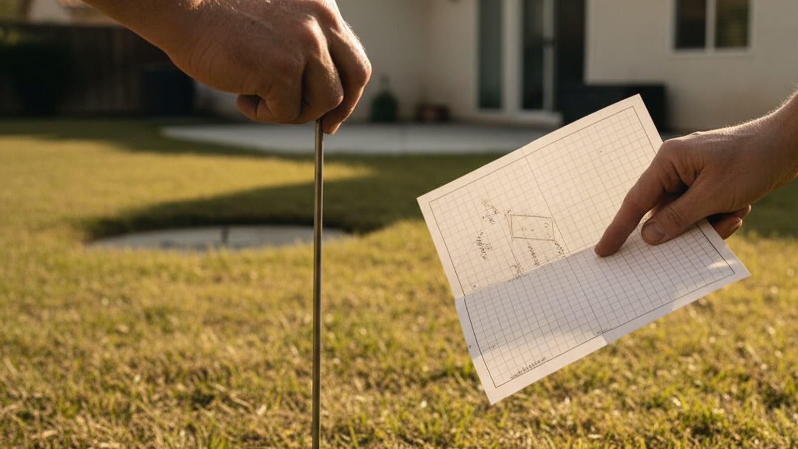 Homeowner using a thin metal probe rod in a backyard searching for the rim of a buried septic tank lid in a San Diego County yard
