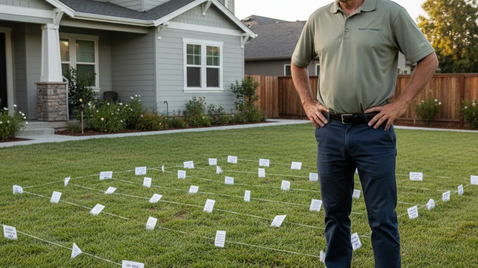 Homeowner walking the area above a drain field marked with small flags showing not to drive or build over it