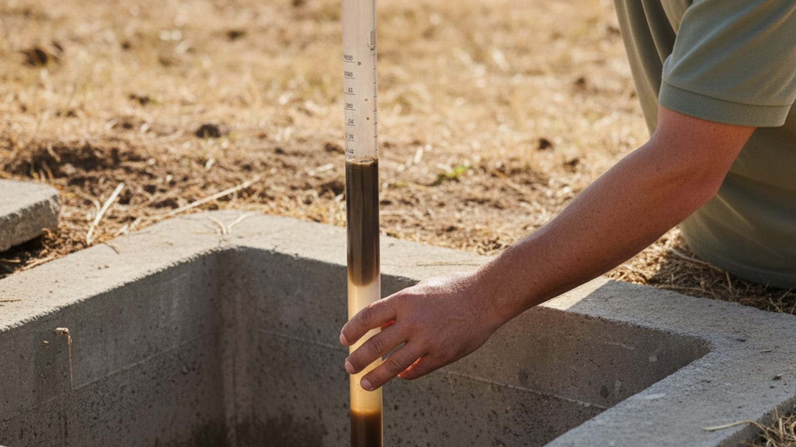 Septic technician using a Sludge Judge to measure sludge depth inside an open residential tank