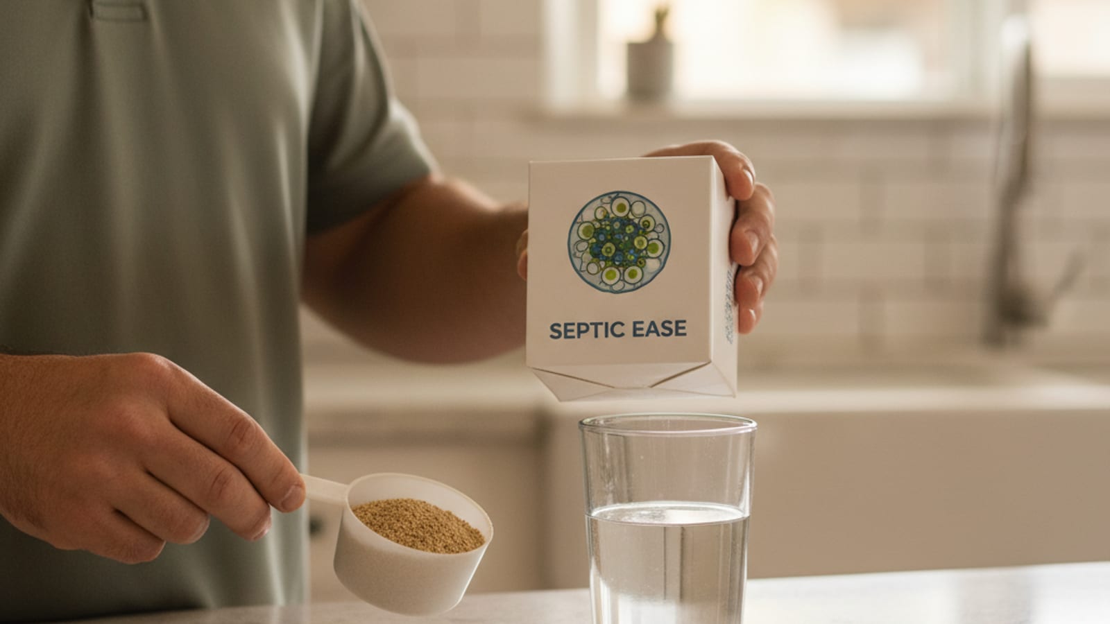 Generic septic additive package on a kitchen counter with a measuring scoop and a glass of water nearby