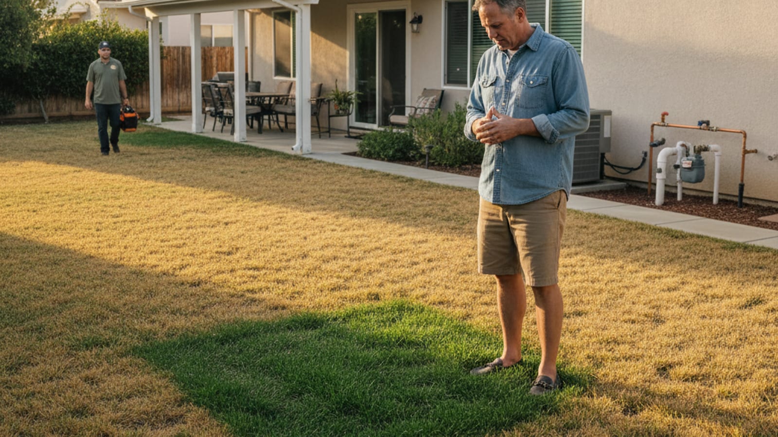 Wet patch above a residential drain field with grass noticeably greener than the surrounding lawn