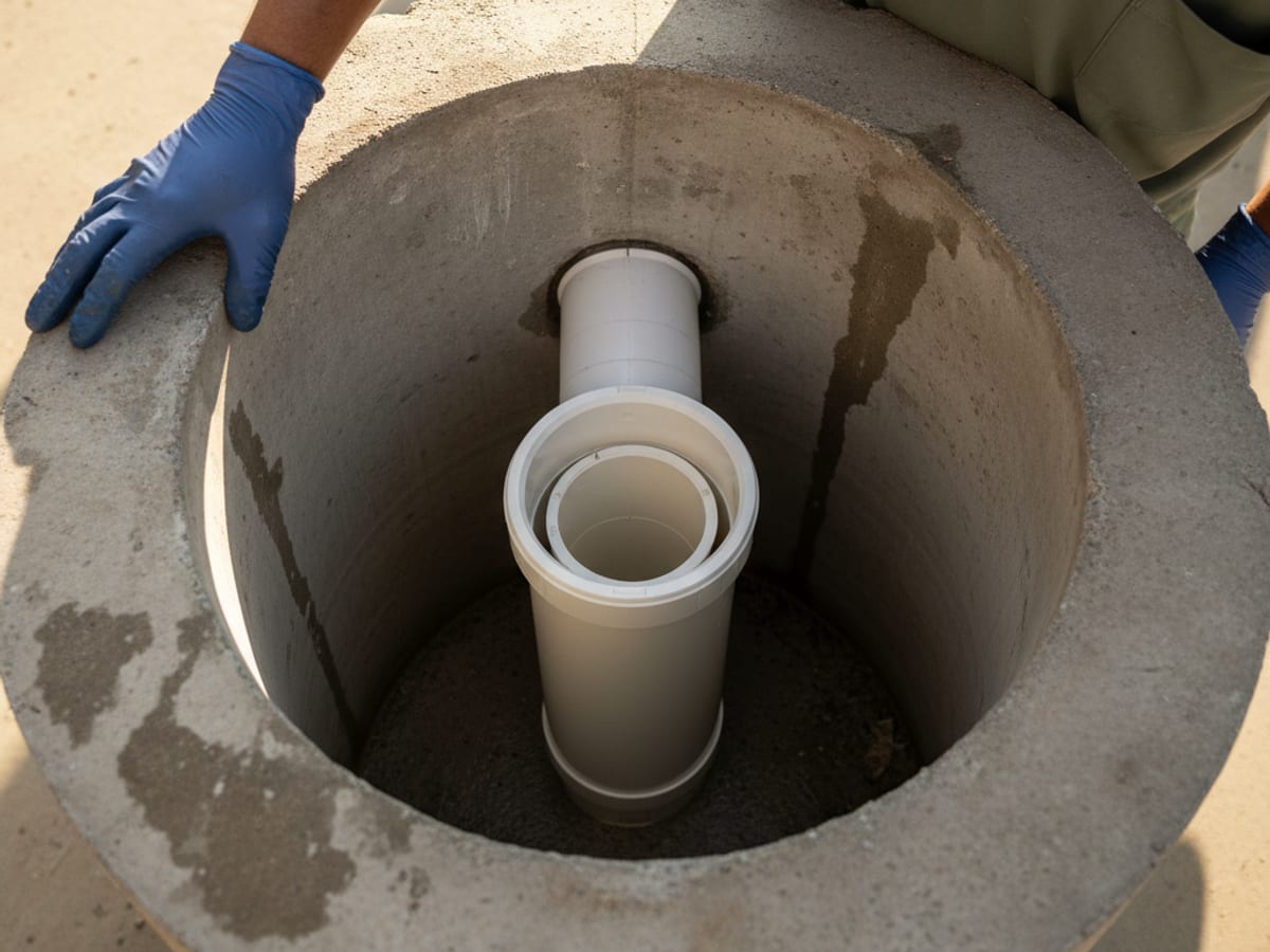close-up of a new PVC outlet baffle and effluent filter installed inside a residential septic tank