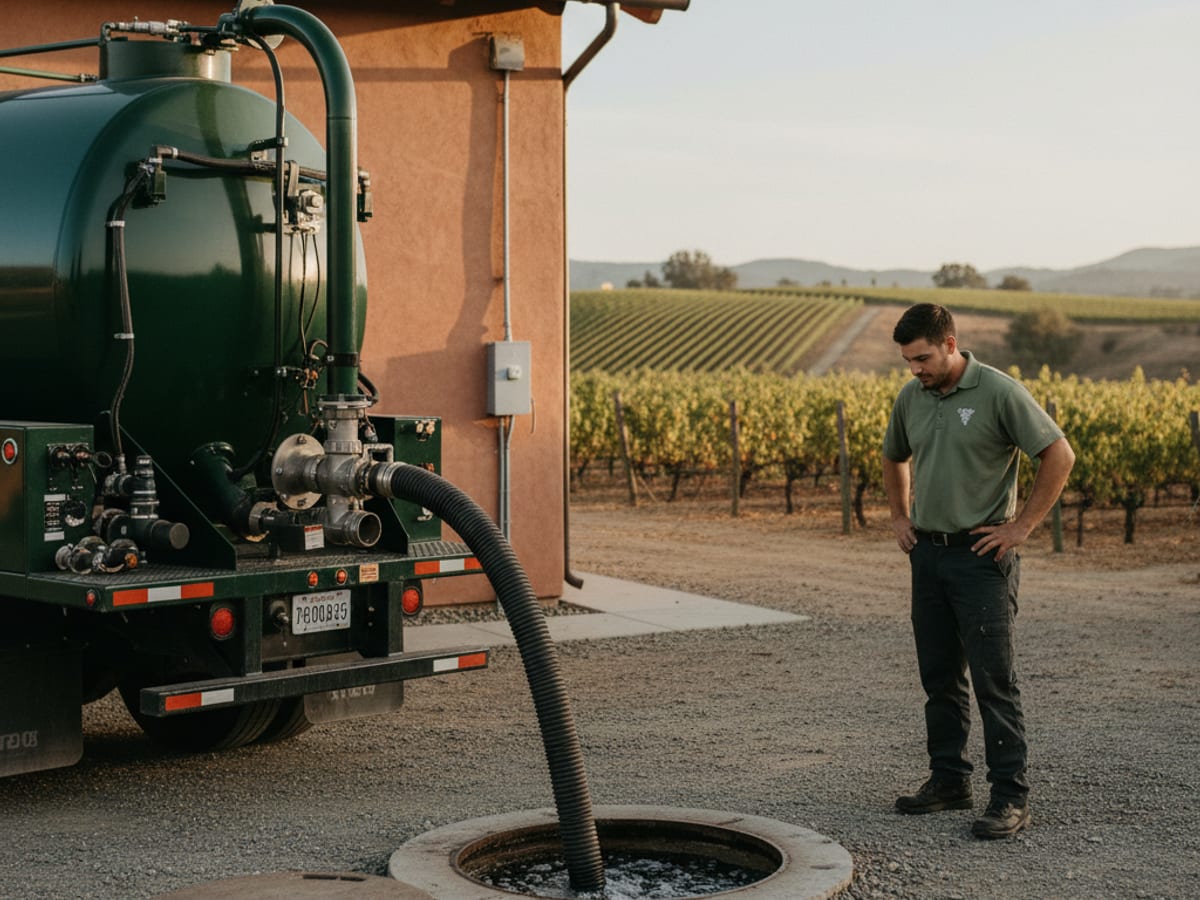 large commercial vacuum truck pumping a multi-thousand-gallon commercial septic tank at a winery