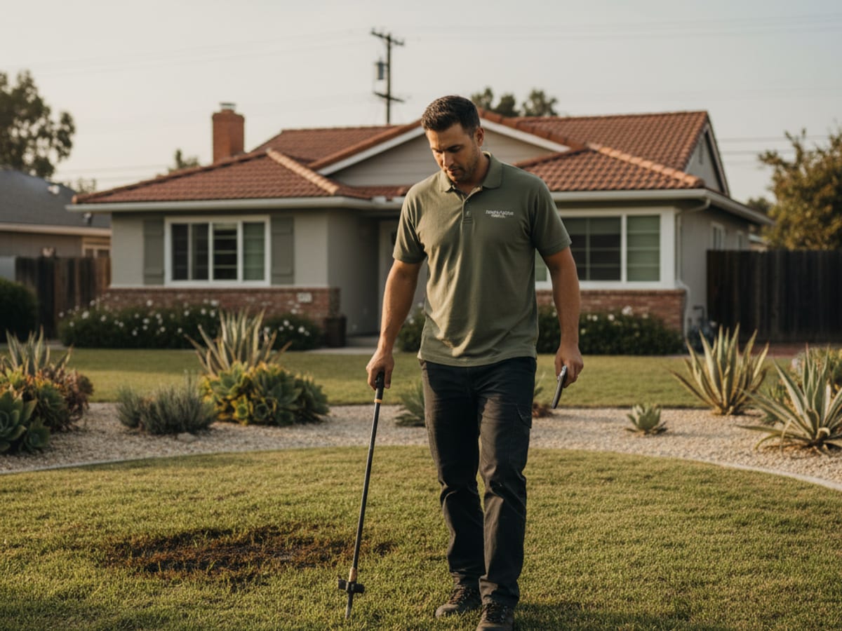 septic technician walking a drain field looking for surface ponding and effluent breakthrough