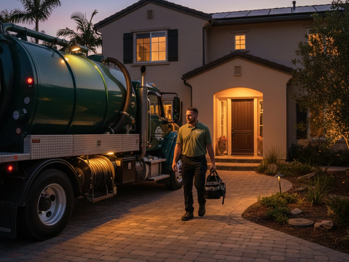 septic emergency vacuum truck arriving at a residential property at night with work lights illuminated