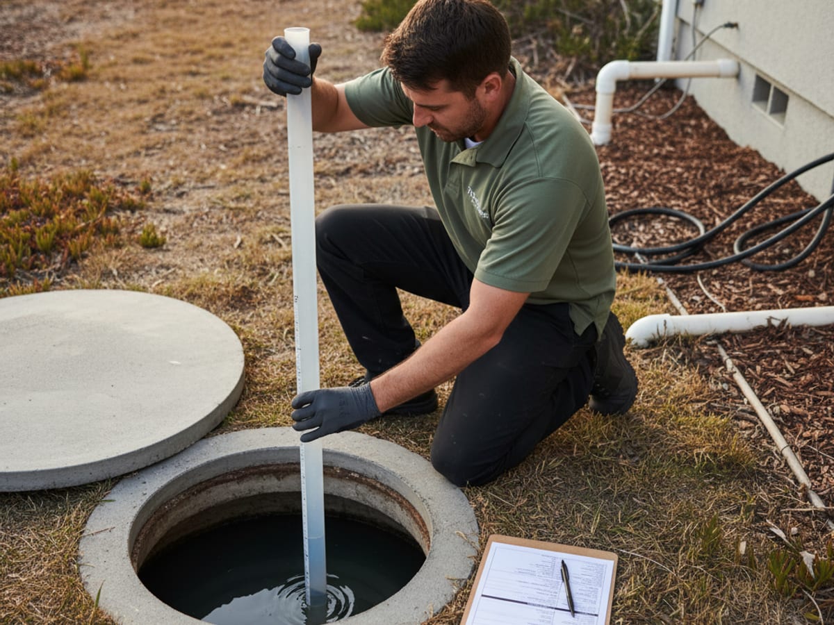 septic technician taking sludge depth reading inside an open septic tank during a real-estate inspection