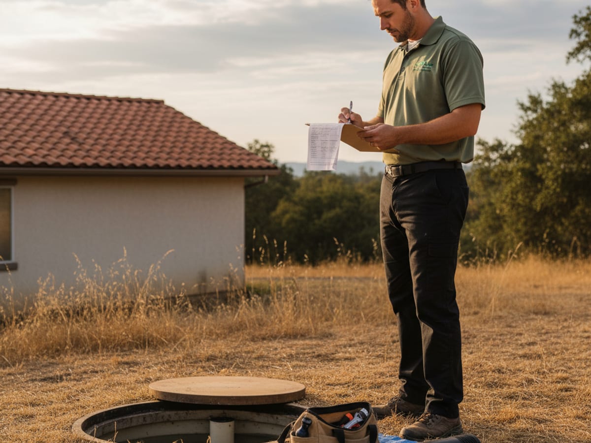 septic technician filling out a maintenance inspection report at a residential property in San Diego County