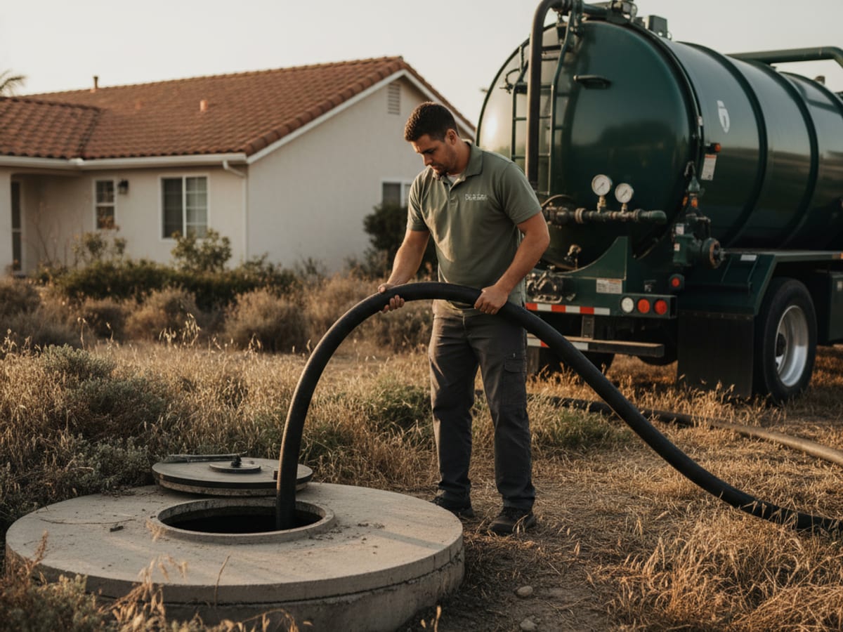 septic technician pumping a residential tank from a vacuum truck in a San Diego County yard